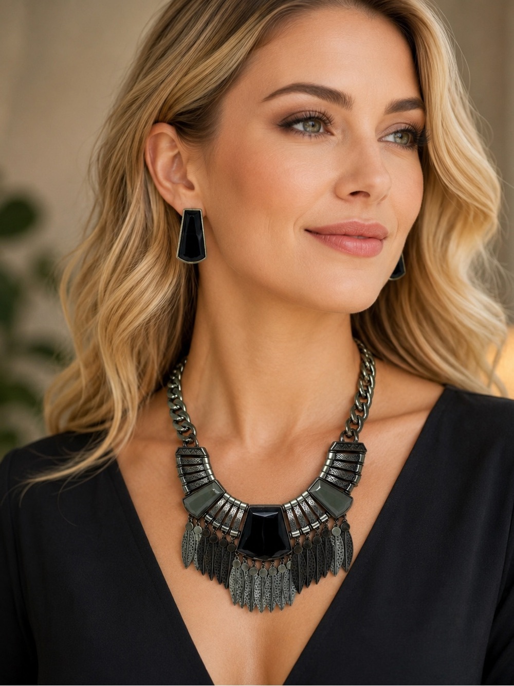 MESA VERDE Bold Rustic Statement Bib Necklace & Earring SET